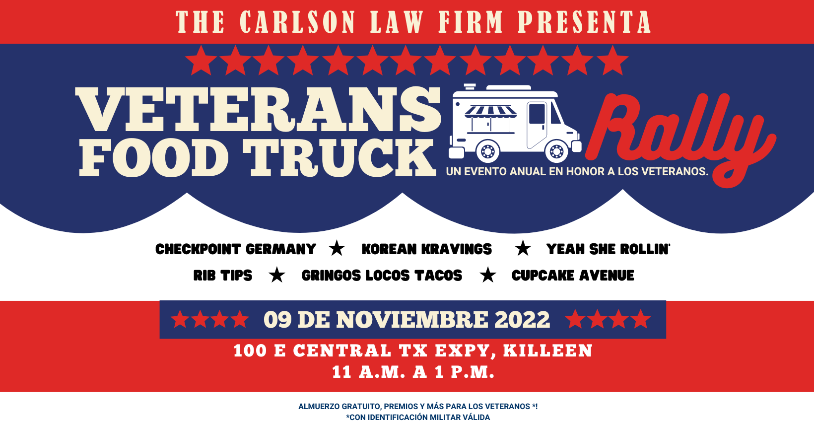 Veteranos con una identificación válida pueden venir a The Carlson Law Firm en Killeen para disfrutar de un almuerzo gratis el 9 de noviembre.