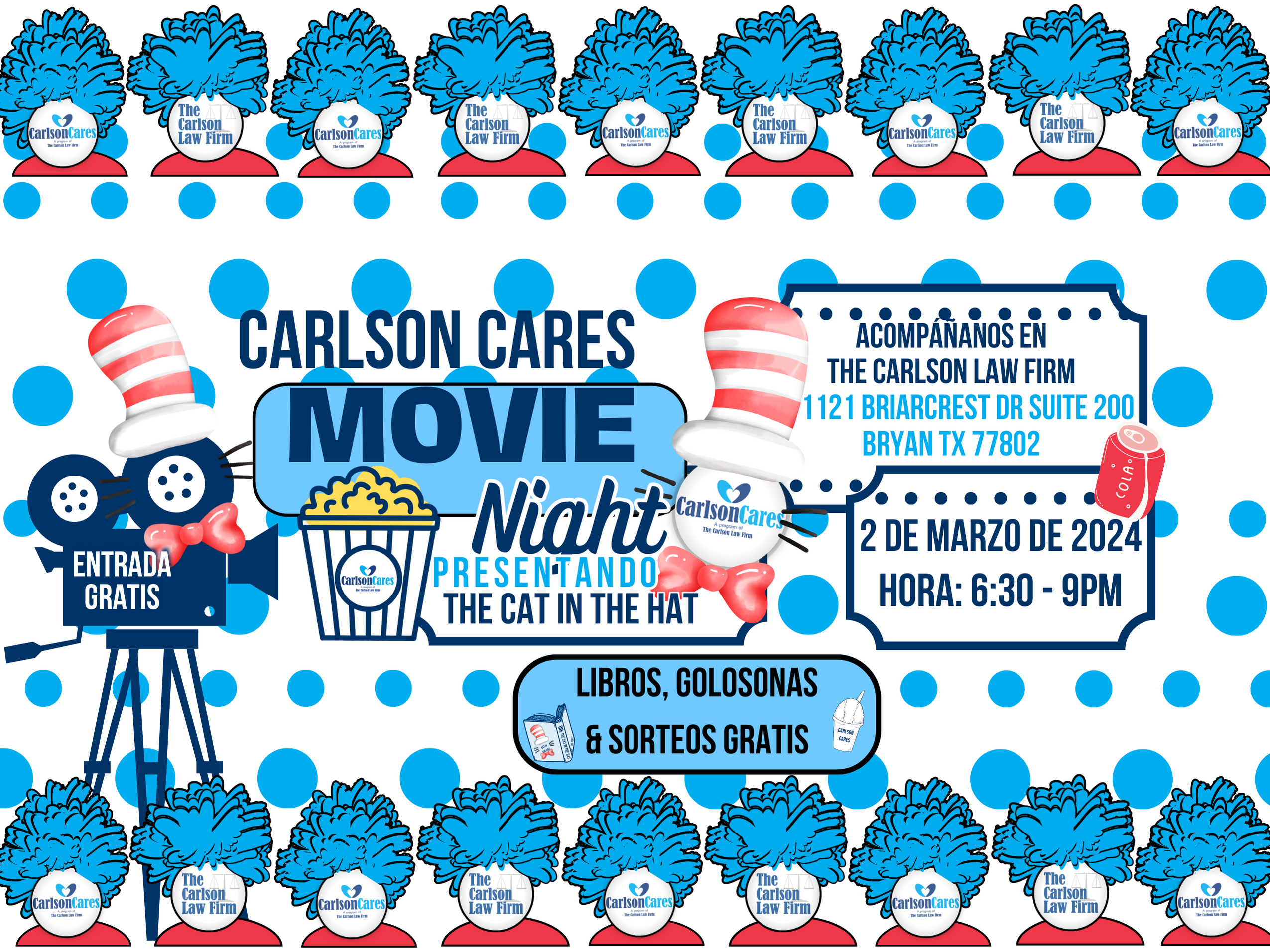 'Evento comunitario; 'Noche de peliculas'; 'Carlson Cares'; 'Bryan, TX'; 'Read Across America'; 'Lectura Juvenil'; 'Libros para niños'