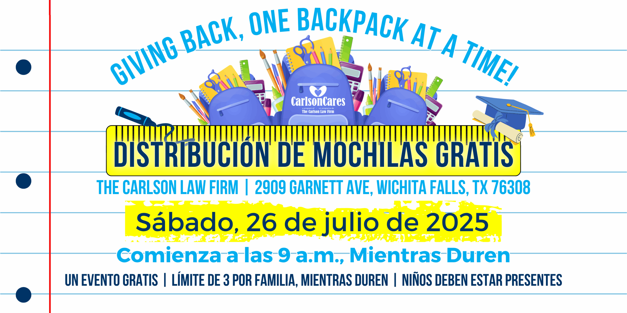 The Carlson Law Firm celebrará el regreso a clases con la distribución de mochilas de Wichita Falls 2025