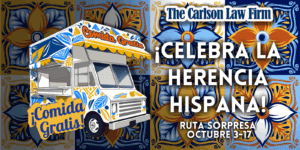 ruta gastronómica hispana 2025, tour gastronómico hispano Texas, food trucks hispanos Texas 2025, evento gastronómico Herencia Hispana 2025, The Carlson Law Firm Ruta Gastronómica, comida gratis Mes de la Herencia Hispana 2025, negocios hispanos Texas comida, celebración gastronómica hispana Texas 2025