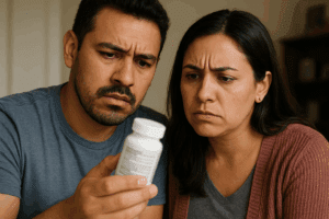 Comunidades hispanas y el riesgo de productos defectuosos, Pareja mira etiqueta de medicamento con confusión