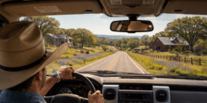 persona conduciendo en una calle de Texas, hombre manejando troca en carretera tejana