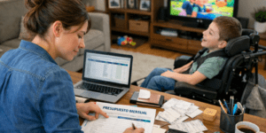 una madre prepara el presupuesto mensual de la familia mientras su niño con una lesión perinatal mira el televisor