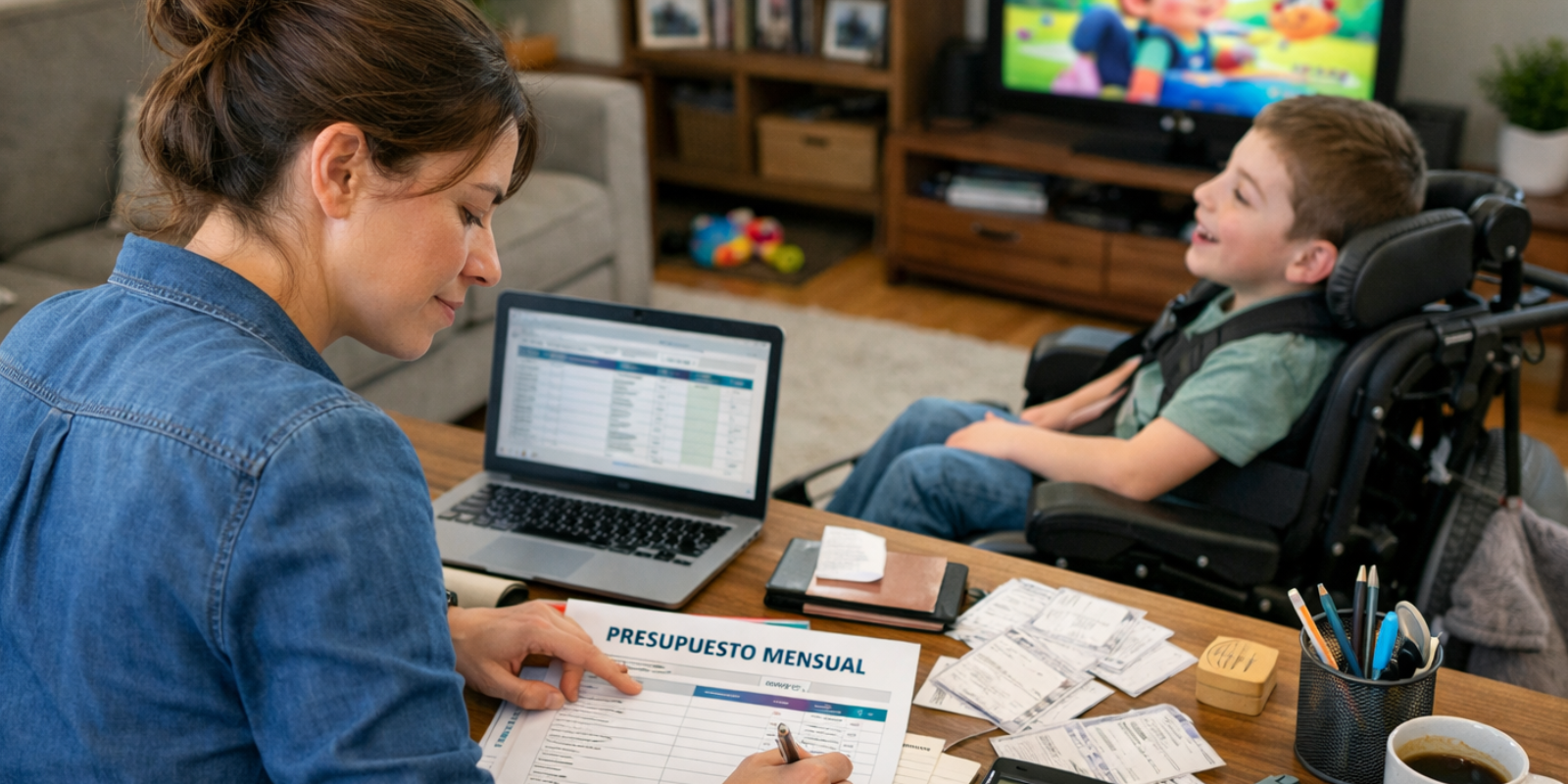 una madre prepara el presupuesto mensual de la familia mientras su niño con una lesión perinatal mira el televisor