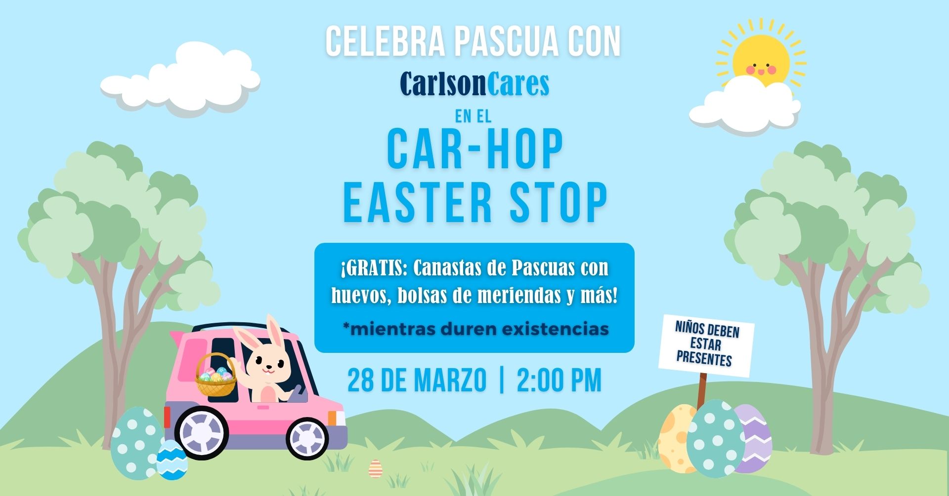 Carlson Cares Car-Hop Easter Stop 2026 es un evento comunitario gratis en Austin para celebrar Pascua por servicarro con tus niños en familia