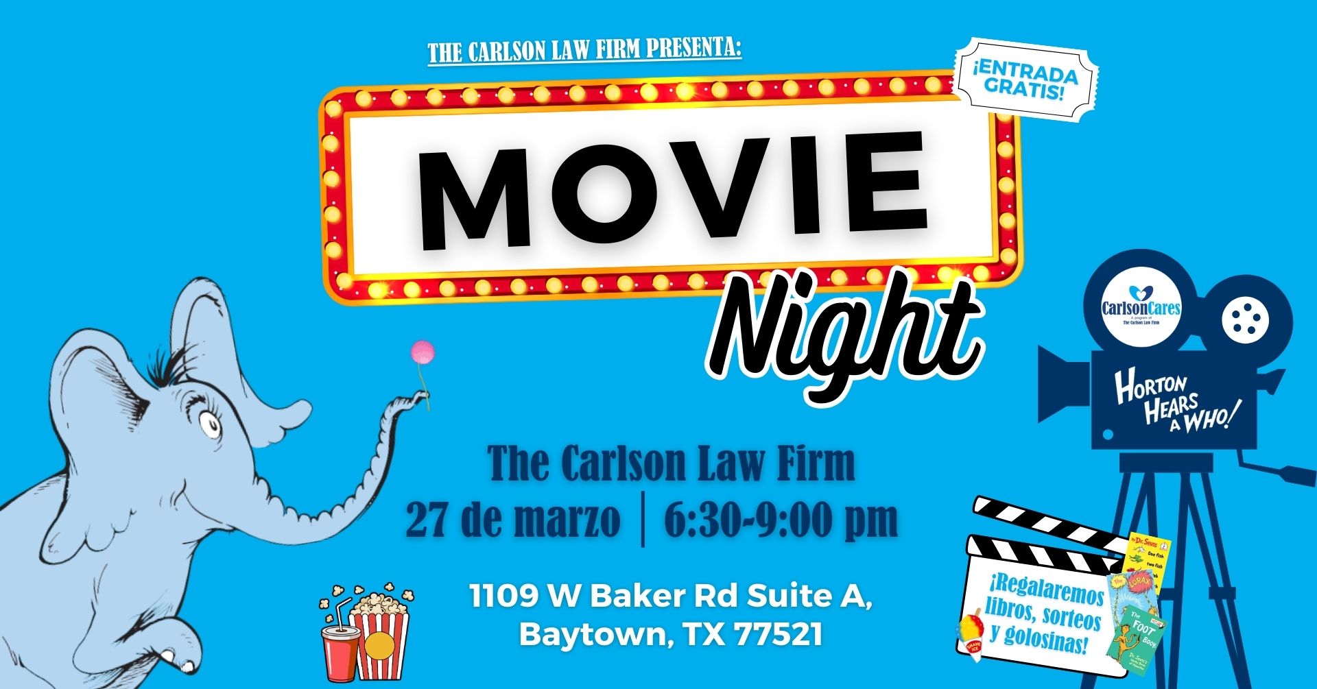 Carlson Cares Movie Night Noche de Cine Comunitario en Baytown es un evento familiar gratis