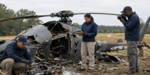 peritos de aviación investigan la escena donde estrelló un helicóptero