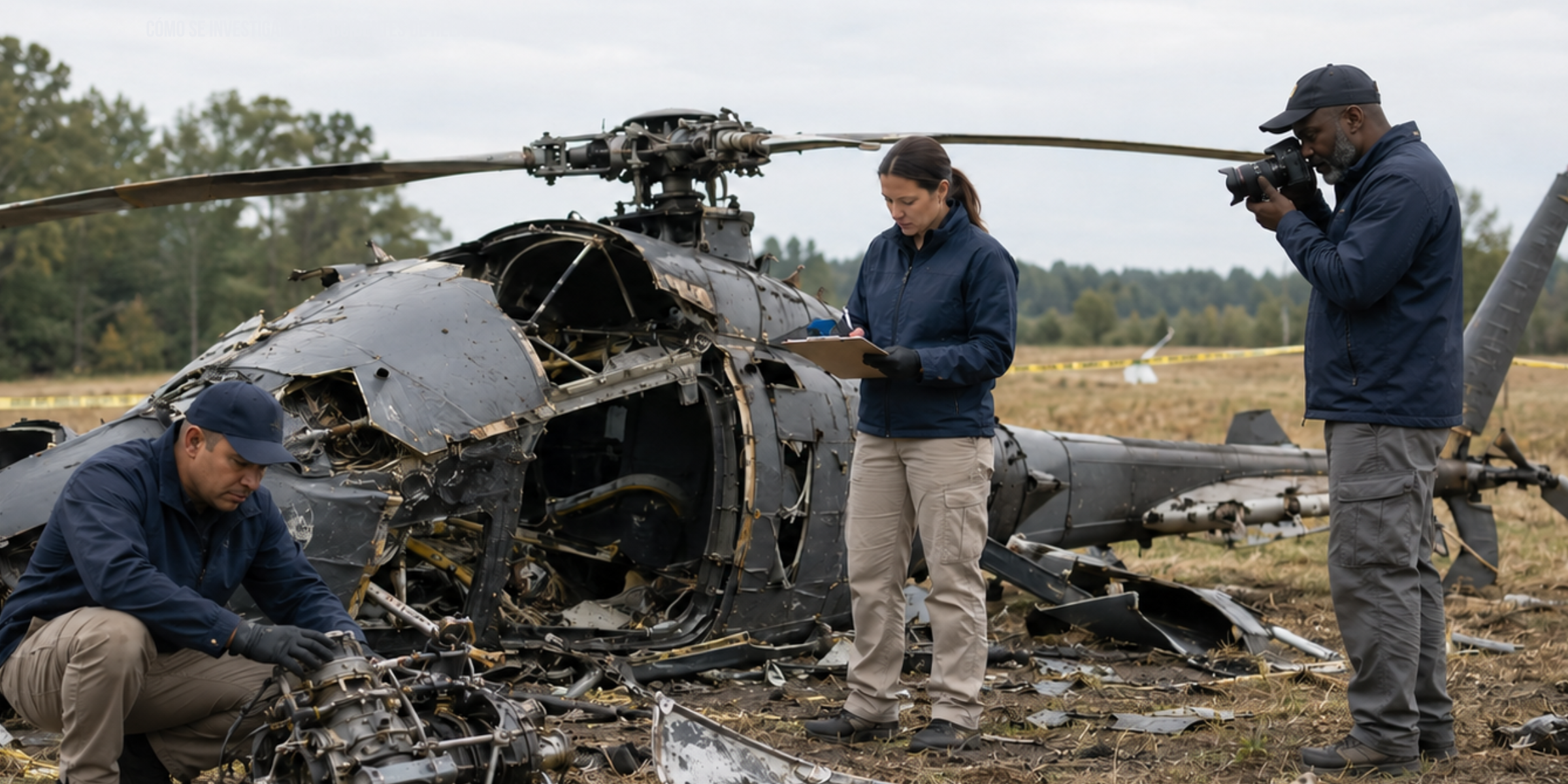 peritos de aviación investigan la escena donde estrelló un helicóptero