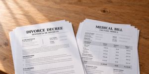 Una sentencia de divorcio y facturas médicas sobre una mesa o escritorio de madera ilustran las preguntas que quedan acerca de los beneficios médicos Militares Después de un Divorcio