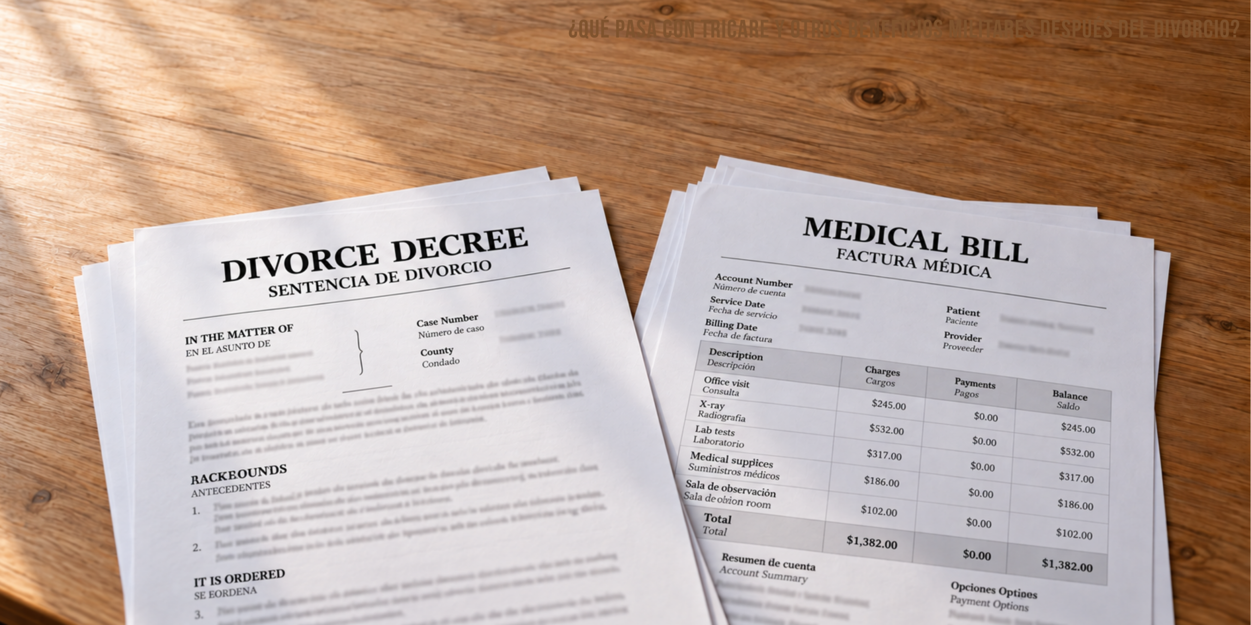 Una sentencia de divorcio y facturas médicas sobre una mesa o escritorio de madera ilustran las preguntas que quedan acerca de los beneficios médicos Militares Después de un Divorcio