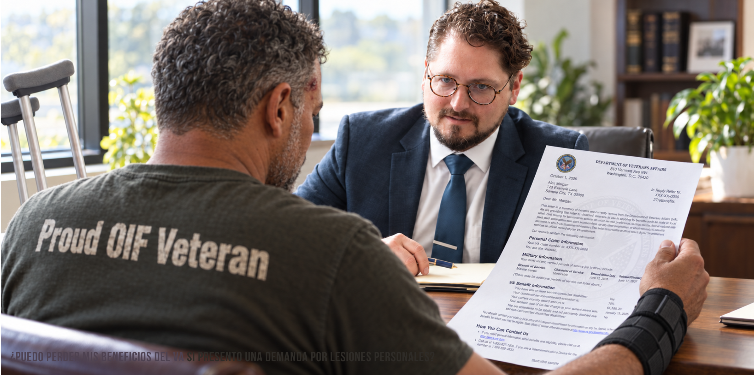 Veterano revisa documentos sobre una demanda por lesiones personales y sus beneficios de veteranos.