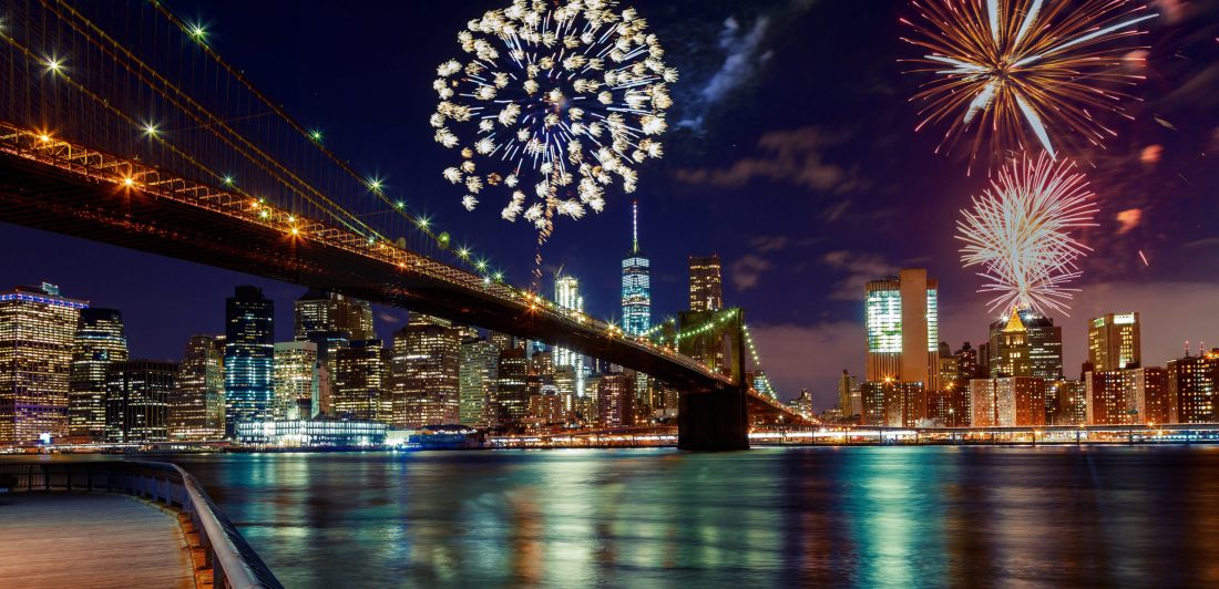 Fireworks over Manhattan, New York City skyline and Brooklyn Bridge