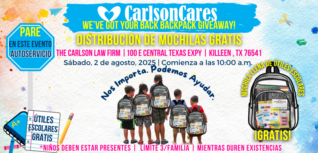 Carlson Law Firm organiza distribución de mochilas anual por servi-carro en Killeen 2025