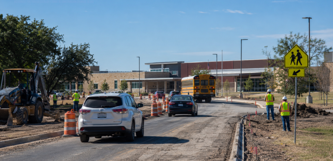 Tráfico y obras de construcción cerca de una escuela en Waco