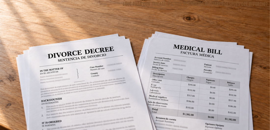 Una sentencia de divorcio y facturas médicas sobre una mesa o escritorio de madera ilustran las preguntas que quedan acerca de los beneficios médicos Militares Después de un Divorcio