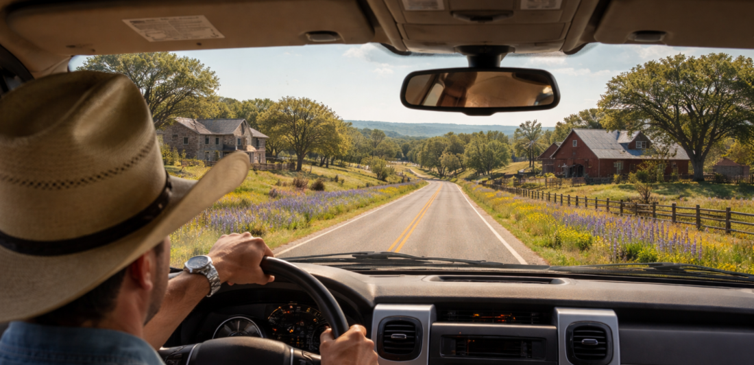 persona conduciendo en una calle de Texas, hombre manejando troca en carretera tejana
