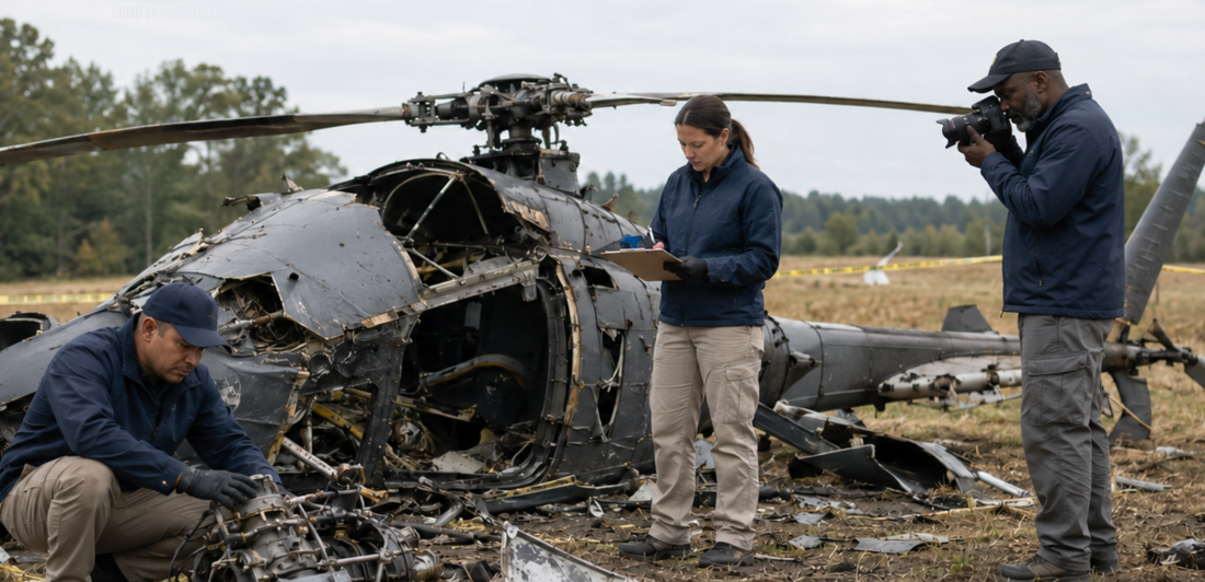 peritos de aviación investigan la escena donde estrelló un helicóptero