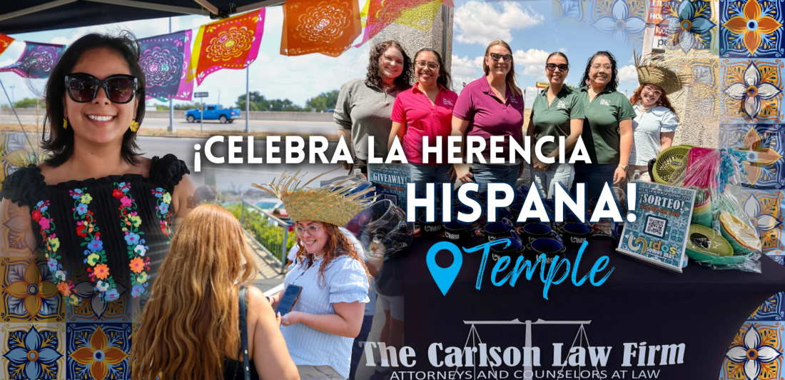 Collage del equipo y asistentes a la celebración de la herencia hispana de The Carlson Law Firm en Temple.