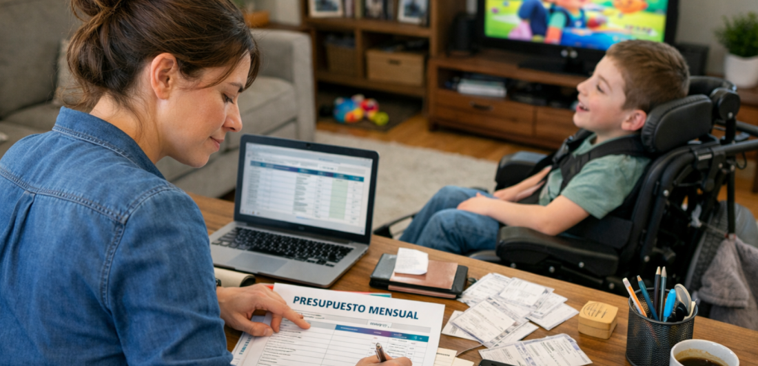 una madre prepara el presupuesto mensual de la familia mientras su niño con una lesión perinatal mira el televisor