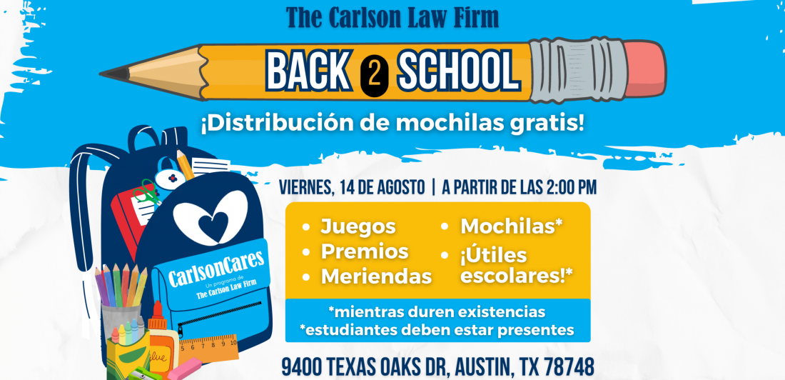 Carlson Cares de The Carlson Law Firm entregará mochilas gratis en Austin para comenzar el curso escolar 2026