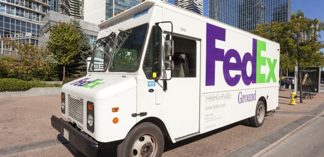 Toronto, Canada - Oct 19, 2017: FedEx Ground delivery truck in the city of Toronto. Province of Ontario, Canada