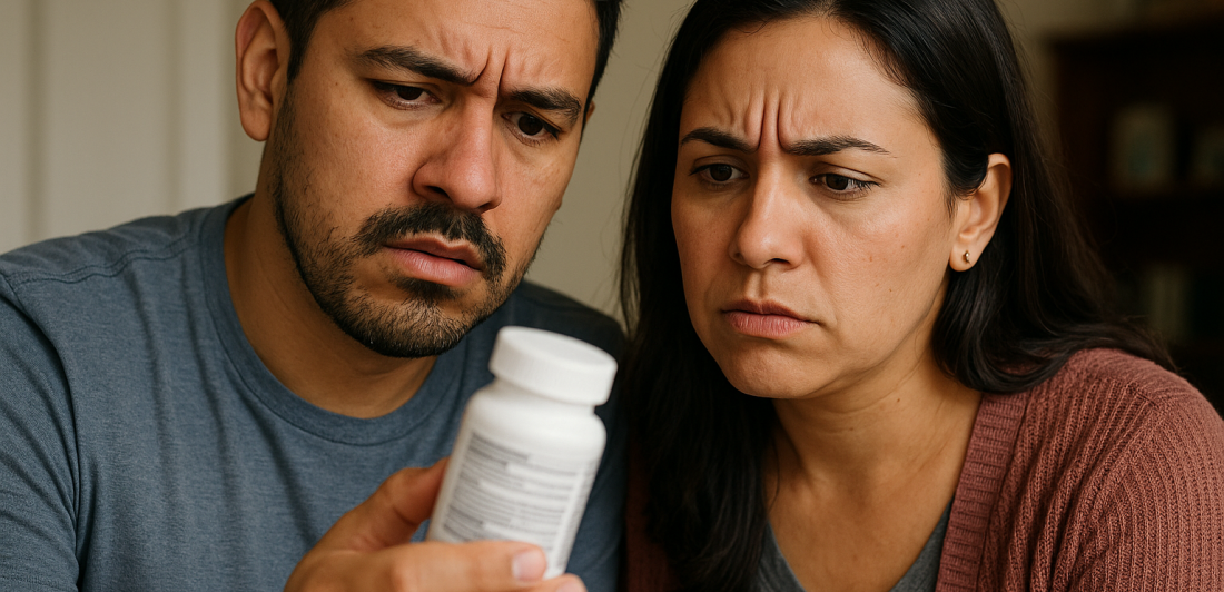 Comunidades hispanas y el riesgo de productos defectuosos, Pareja mira etiqueta de medicamento con confusión