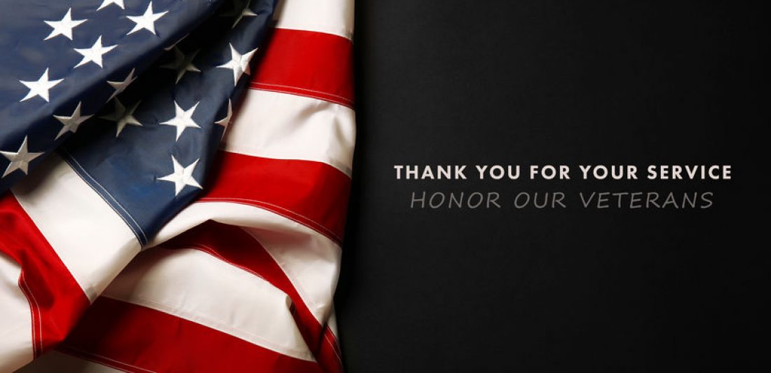 Text Thank You For Your Service on black background near American flag